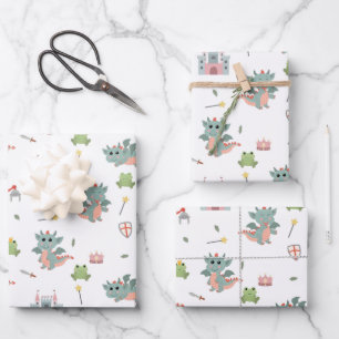 Hoja De Papel De Regalo Dragones Caballeros Castillo Medieval