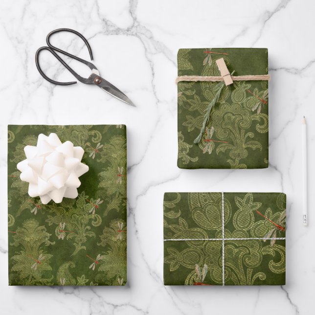 Hoja De Papel De Regalo Dragonflies verde vintage (Anverso)