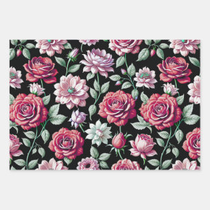Hoja De Papel De Regalo Dramático Magenta y Rosas Rosadas Floral Oscuro