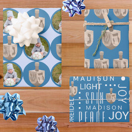 Hoja De Papel De Regalo Dreidel Rustic Oak Cute Foto Azul Hanukkah