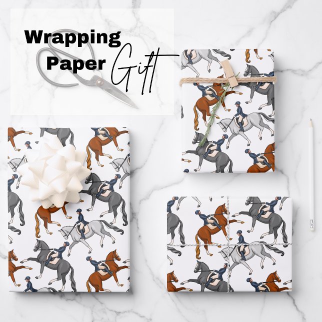 Hoja De Papel De Regalo Dressage Horseback Riding (exquisite sheets featuring three majestic horses performing dressage trot in different colors)