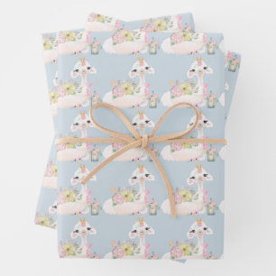 Hoja De Papel De Regalo Ducha de bebé niño de llama azul y blanca