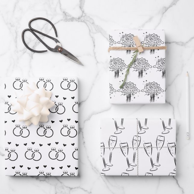 Hoja De Papel De Regalo Ducha de novia/casamiento floral blanca y negra (Anverso)