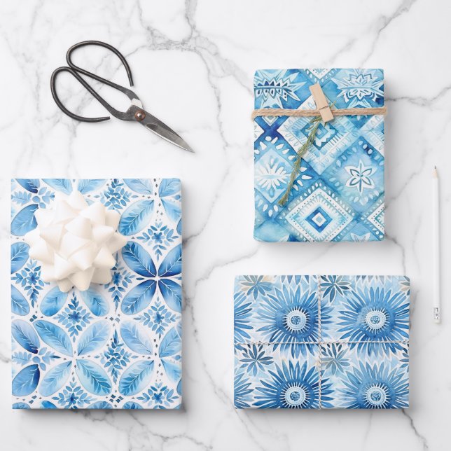 Hoja De Papel De Regalo Ducha de Novia Floral de Batik Azul Blanco (Anverso)
