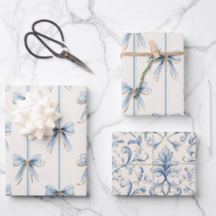 Hoja De Papel De Regalo Ducha de Novia Lazos Azules Crema