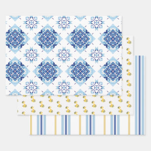 Hoja De Papel De Regalo Ducha Nupcial Brillante de Limón con Azulejos Azul
