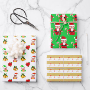 Hoja De Papel De Regalo Duende de Navidad y corazones de alegría en rayas 