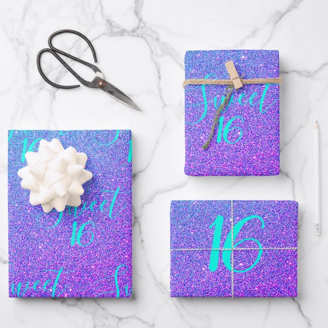 Hoja De Papel De Regalo Dulce 16 Purpurina púrpura Verde azulado Glam Chic (Anverso)