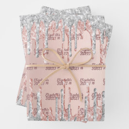 Hoja De Papel De Regalo Dulce 16 purpurina rosa oro gotea plata rosa