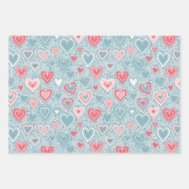Hoja De Papel De Regalo Dulce Corazón Floral Folk Dusty Azul Rosa Baby Sho