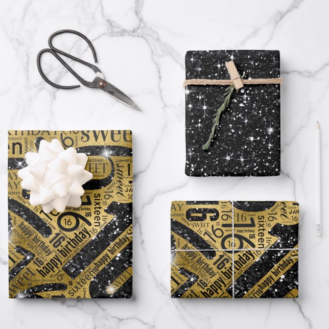 Hoja De Papel De Regalo Dulce Dieciséis Sparkle Word Cloud Black/Gold ID26 (Anverso)
