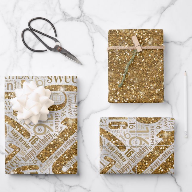 Hoja De Papel De Regalo Dulce Dieciséis Sparkle Word Cloud Gold ID265 (Anverso)