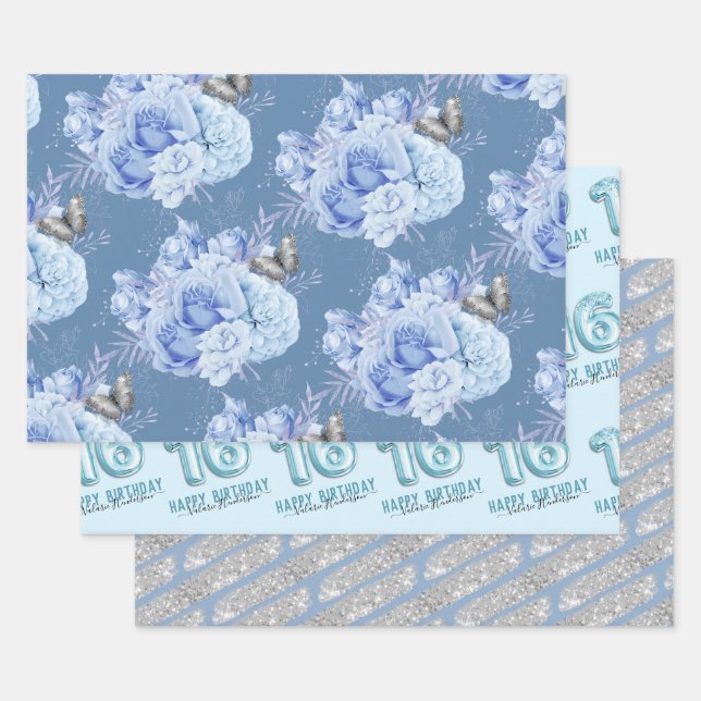 Hoja De Papel De Regalo Dulce Flor Azul de Cumpleaños 16 (Set)