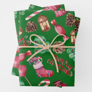 Hoja De Papel De Regalo Dulces y Decoraciones de Navidad Verde