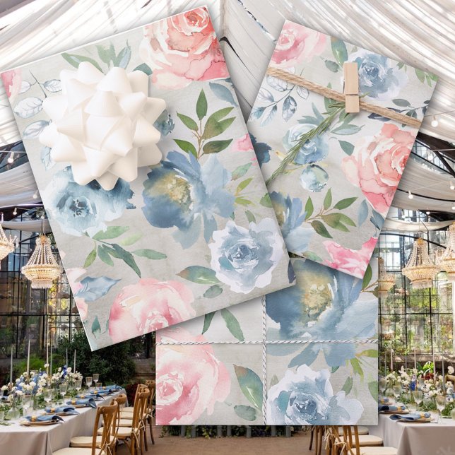 Hoja De Papel De Regalo Duste Blue Peony y el Jardín de rosas rosadas (Subido por el creador)