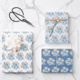Hoja De Papel De Regalo Dusty Blue Silver Elegant Flowers