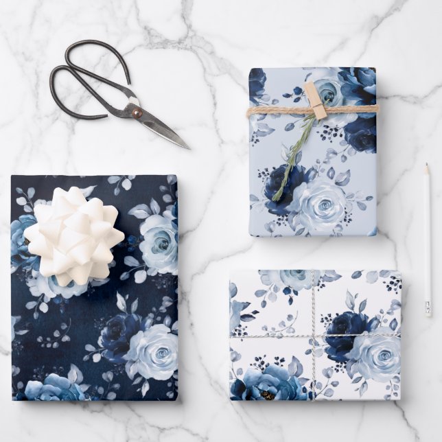 Hoja De Papel De Regalo Dusty Blue Slate Navy Boda Botánico Floral Wra (Anverso)