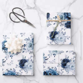 Hoja De Papel De Regalo Dusty Blue Slate Navy Boda Botánico Floral Wra