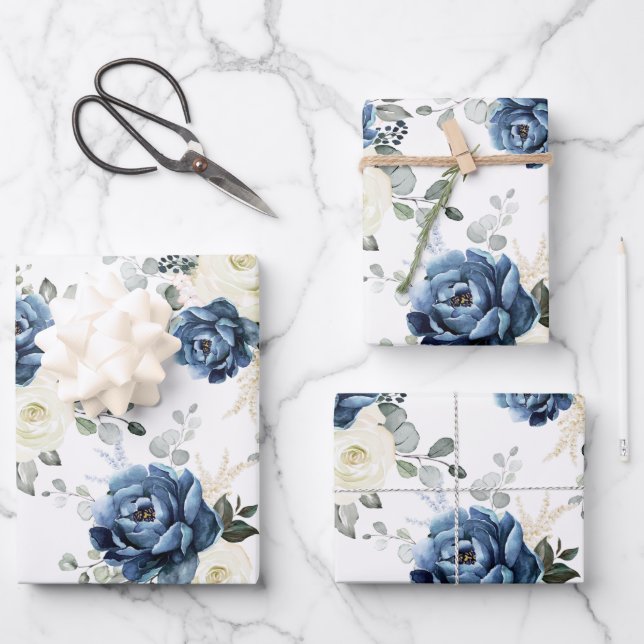 Hoja De Papel De Regalo Dusty Marina Azul Champagne Boda de marfil (Anverso)