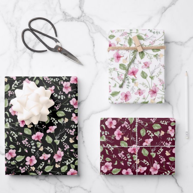Hoja De Papel De Regalo Dusty Navy Blue Pink Hibiscus Bloom Shower (Anverso)