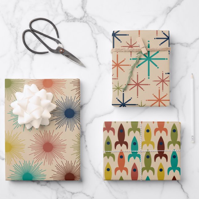 Hoja De Papel De Regalo Edad Atómica Retro MidSiglo Mod Suns Estrellas Coh (Anverso)