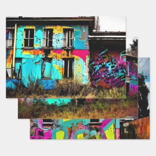 Hoja De Papel De Regalo Edificio de graffiti abandonado por arte urbano