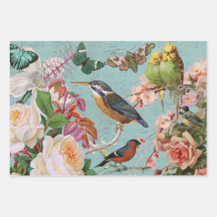 Hoja De Papel De Regalo Efímera Vintage Rosas Mariposas y Pájaros Collage