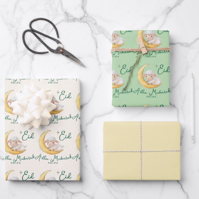 Hoja De Papel De Regalo Eid  Al Adha Dusty Green Cute Sheep (Anverso)