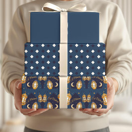Hoja De Papel De Regalo Eid Mubarak Niños Luna Azul Patrón de Linterna Cit