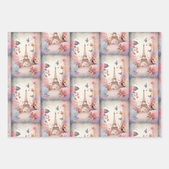 Hoja De Papel De Regalo Eiffel Tower Butterflies and Flowers Pattern (Anverso 3)