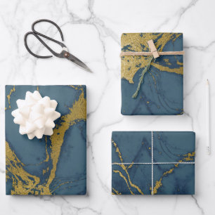 Hoja De Papel De Regalo El azul oscuro y el mármol dorado