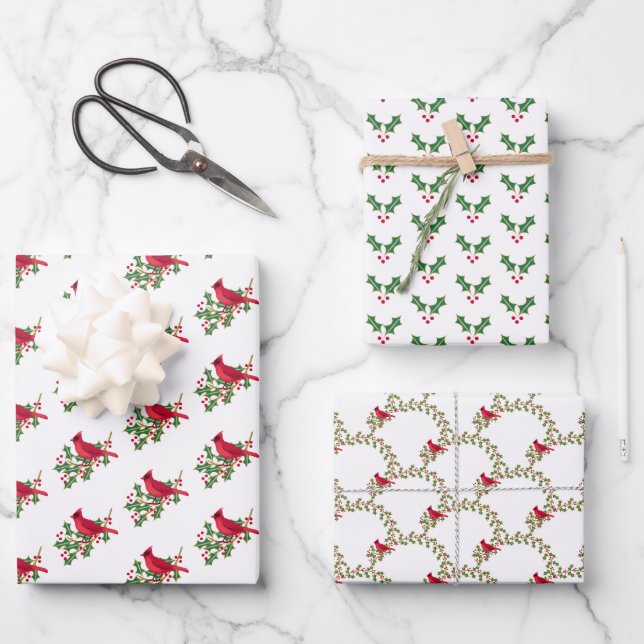 Hoja De Papel De Regalo El cardenal rojo Holly deja a Navidades de Berries (Anverso)