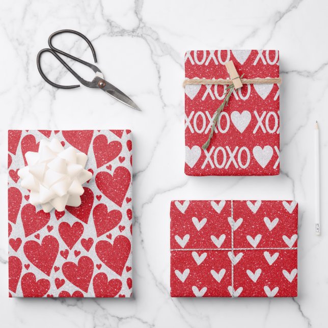 Hoja De Papel De Regalo El día de San Valentín Boda Rojo Purpurina Blanco  (Anverso)