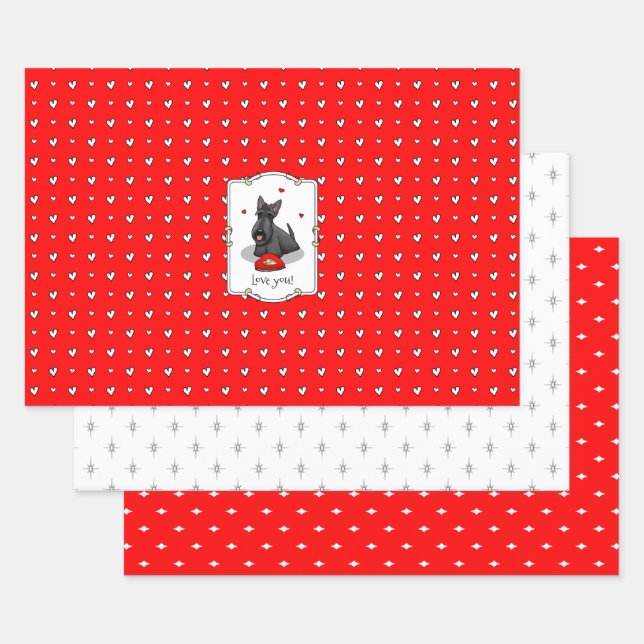 Hoja De Papel De Regalo El día de San Valentín (rojo) Scottie Dog (negro)  (Set)
