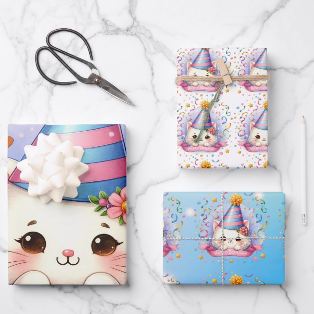 Hoja De Papel De Regalo El Personalizado lindo Kawaii Kitty Cat Feliz cump (Anverso)