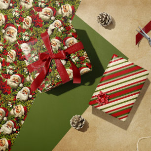 Hoja De Papel De Regalo El retro Santa Claus enfrenta y Holly
