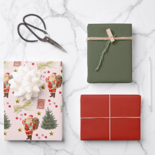 Hoja De Papel De Regalo El retro Santa Rosa de Navidades rojos y verdes en