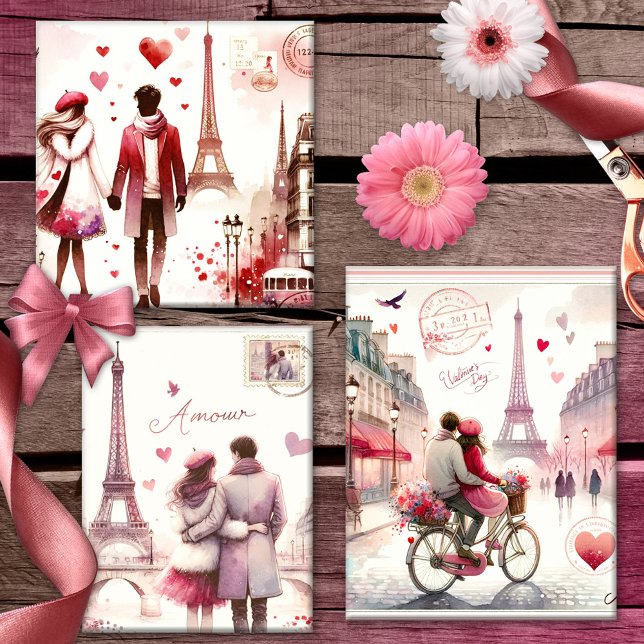 Hoja De Papel De Regalo El romántico retro París amor rosa (Wrapping paper featuring elegant retro watercolor designs with a romantic couple in Paris)