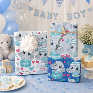 Hoja De Papel De Regalo Elefante Bebé Niño Bonito Azul Bautizo Cumpleaños 