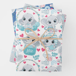 Hoja De Papel De Regalo Elefante Bebé Niño Bonito Azul Bautizo Cumpleaños 