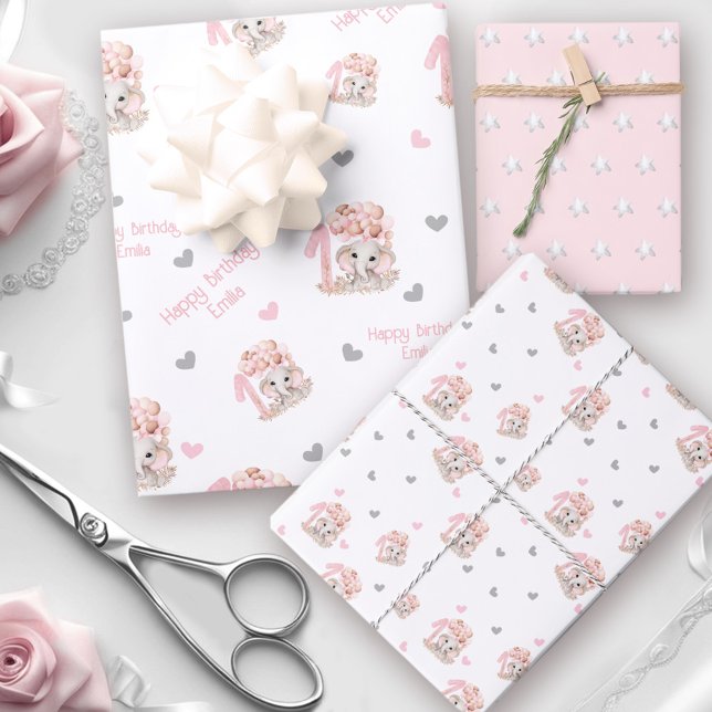 Hoja De Papel De Regalo Elefante Cute | 1 Chica de cumpleaños personalizad (Cute Elephant | 1st Birthday Girl Personalized Wrapping Paper Sheets)