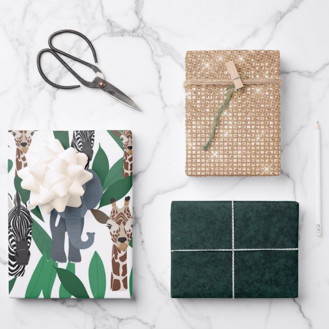 Hoja De Papel De Regalo Elefante de cebra jungla jirafa Safari Animales (Anverso)