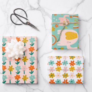 Hoja De Papel De Regalo Elefantes mullidos floridos Rubor Mint Spring