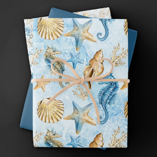 Hoja De Papel De Regalo Elegancia Costera Moderno Azul y Dorado Bajo el