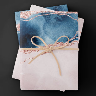 Hoja De Papel De Regalo Elegancia mística   Agante de oro azul y Rosa Verd