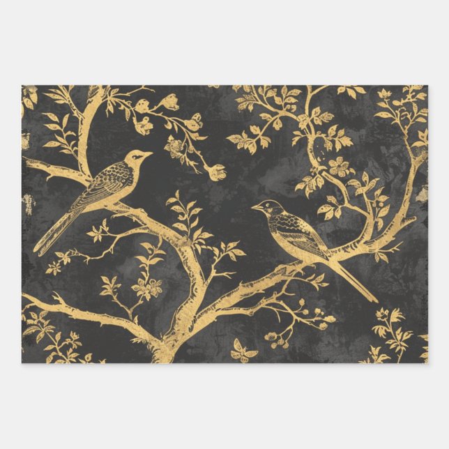 Hoja De Papel De Regalo Elegant Black and Gold Birds (Anverso)