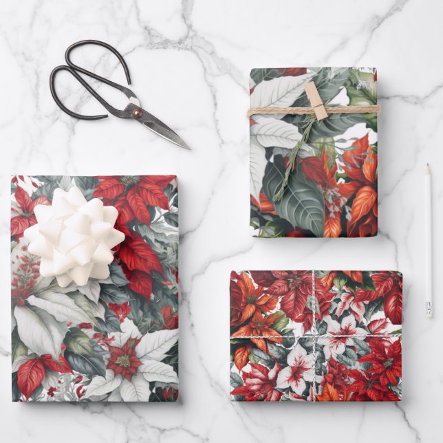 Hoja De Papel De Regalo Elegant Christmas Pointsettias  (Anverso)