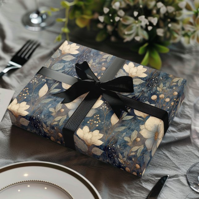 Hoja De Papel De Regalo Elegant Christmas Winter Cream And Navy Floral (Subido por el creador)