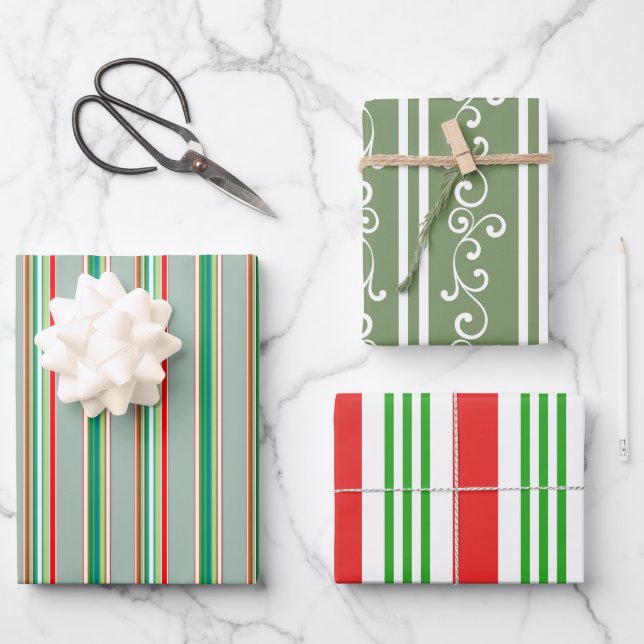 Hoja De Papel De Regalo Elegant Festive Red Green Striped Holiday (Anverso)