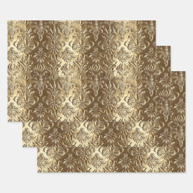 Hoja De Papel De Regalo Elegant Gold Faux Brocade Gift  (Set)